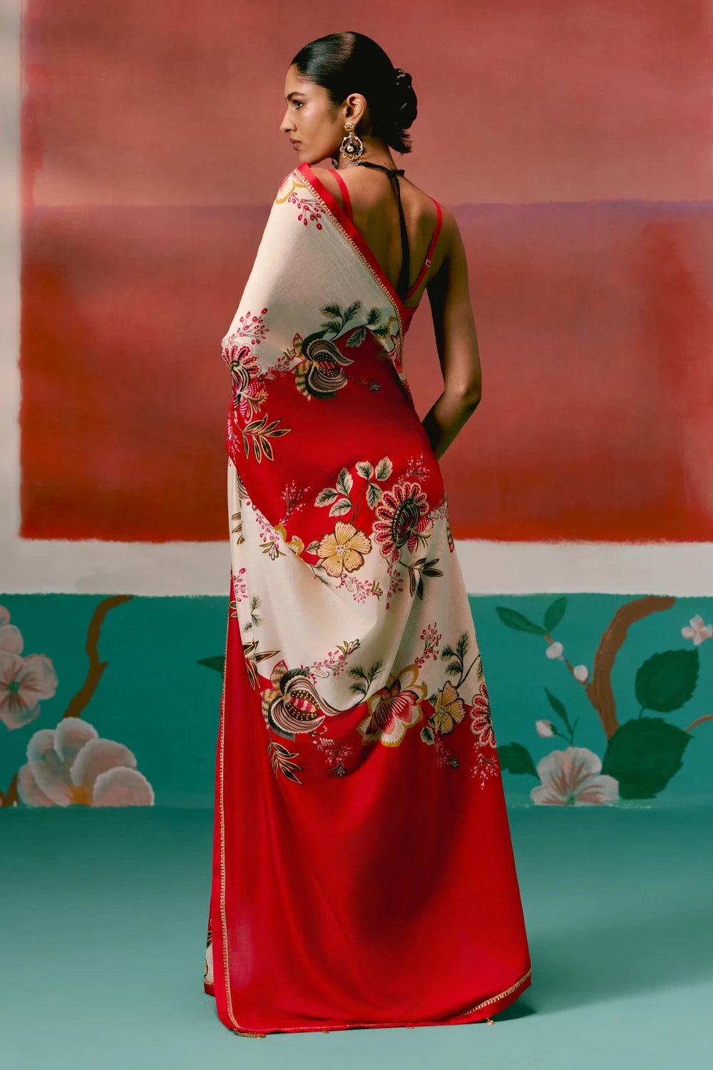 Ecru and Red Floral Saree
