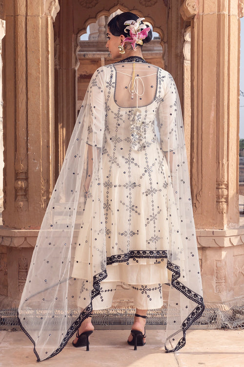 Black and White Big Flower Anarkali with Embroidered Dupatta