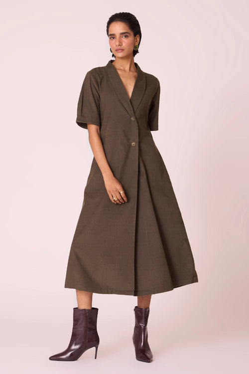 Kamen Olive Needlecord Wrap Dress