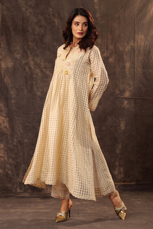 Vaayu Beige Panelled Kalidar Set