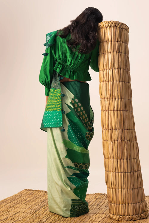 Green Bandhani Patchwork Saree
