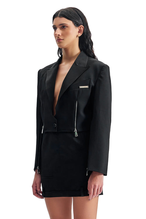Black Cropped Zip-Front Blazer & Skirt Set
