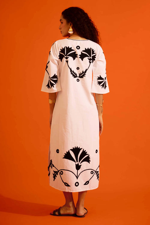 Ivory Cotton Maxi Dress with Black Thread Embroidery