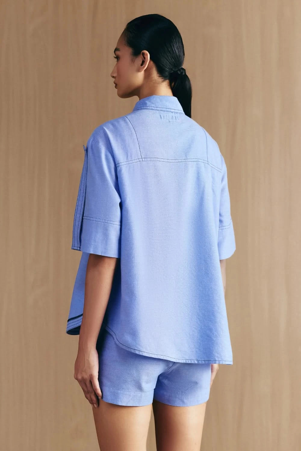 Blue Chambrey Embellished Hi-Low Shirt