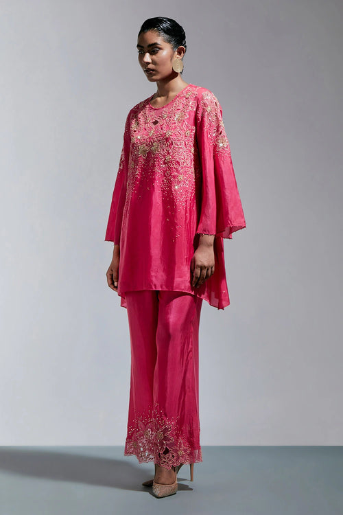 Raspberry Floral Threadwork Silk Co-ord Set
