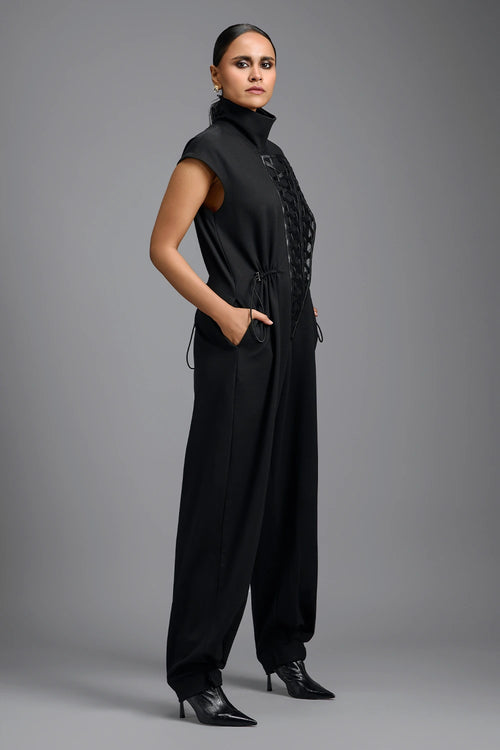 Black Sculptural High-Neck Jumpsuit