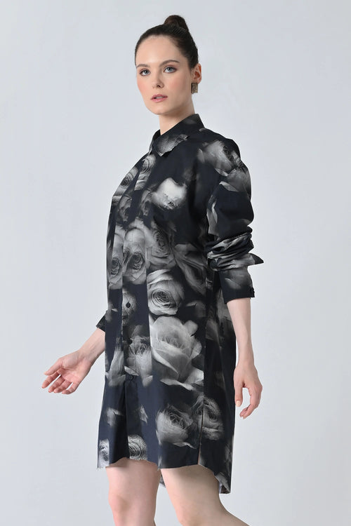 Black Blur Rose Printed Long Shirt