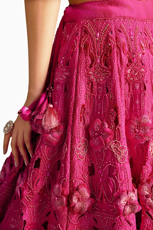 Fuchsia Cutwork And 3D Applique Lehenga