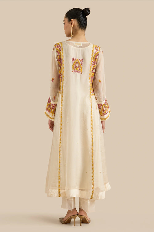 Organza Silk Kalidar Set Crafted With Pink And Yellow Chikankari Embroidery