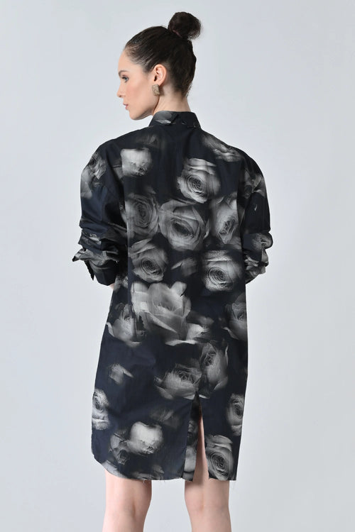 Black Blur Rose Printed Long Shirt