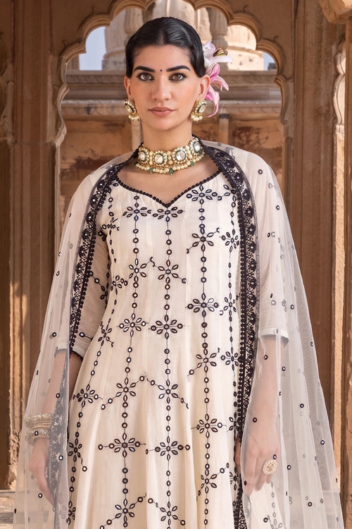 Black and White Big Flower Anarkali with Embroidered Dupatta