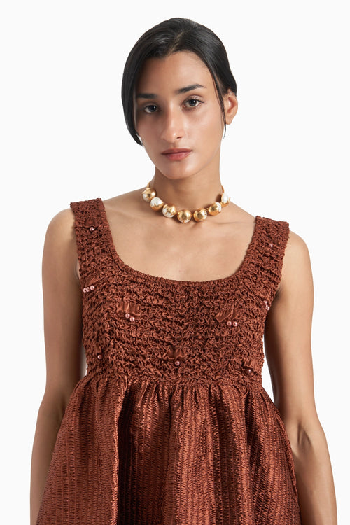 Brown Babydoll Smocked Top With Smocked Satin Pants