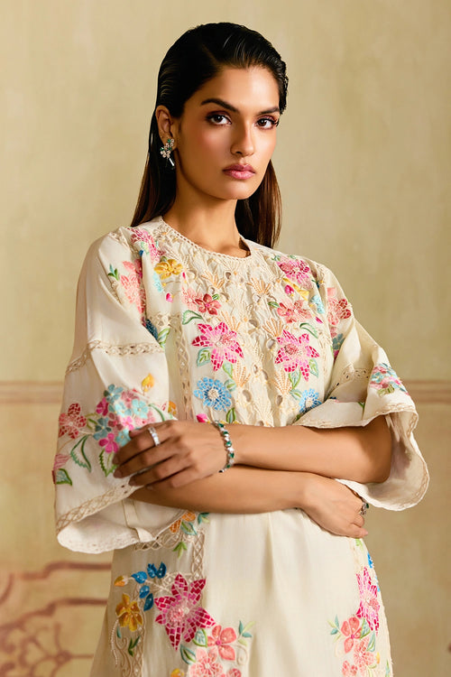 Ivory Mosaic Floral Kurta with Applique Pants