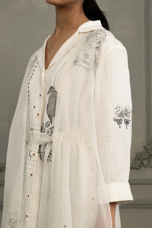 Ivory Block Print Linen And Organza Layered Dress