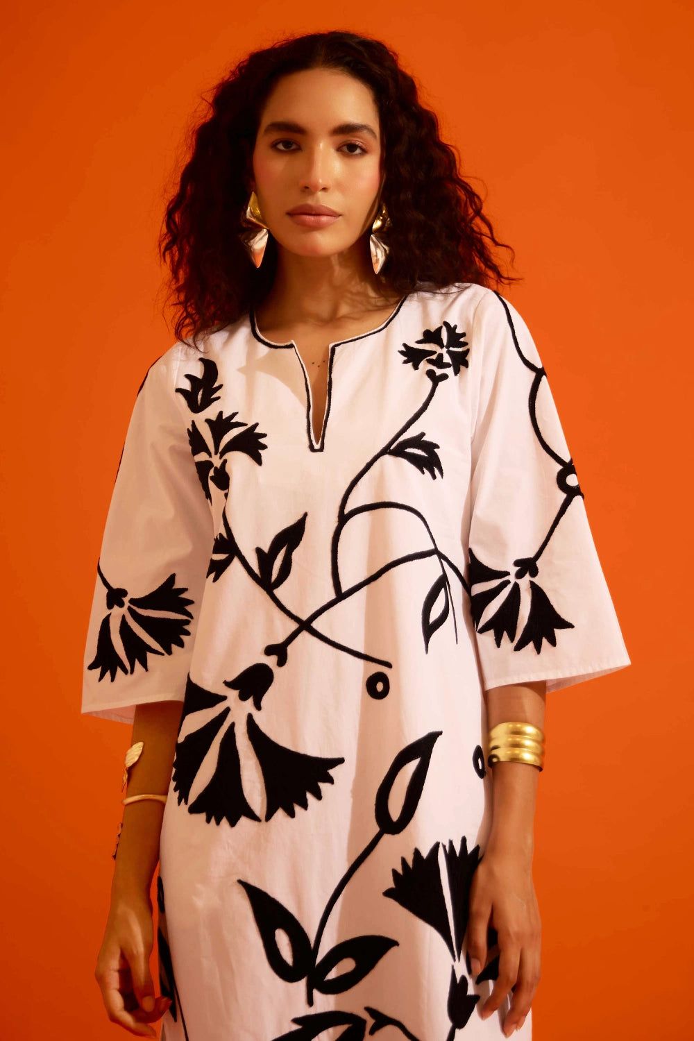 Ivory Cotton Maxi Dress with Black Thread Embroidery