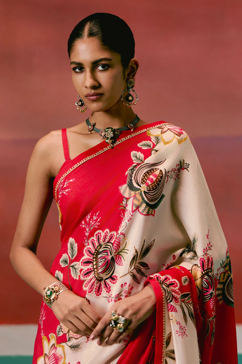 Ecru and Red Floral Saree