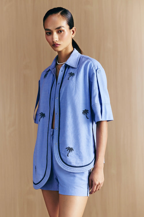 Blue Chambrey Embellished Hi-Low Shirt