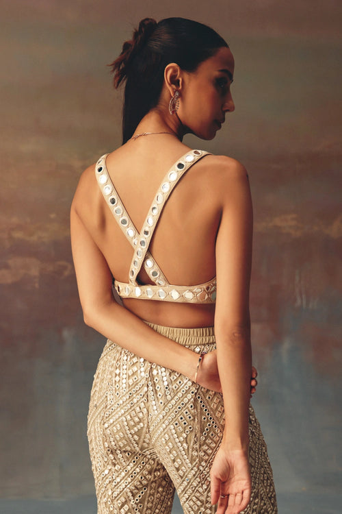Golden Cape Sleeves Jacket with Bralette and Bootcut Pants