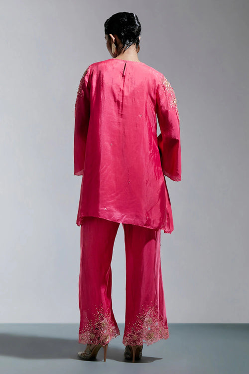 Raspberry Floral Threadwork Silk Co-ord Set