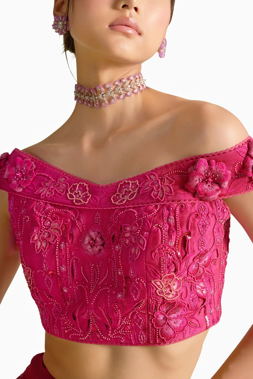 Fuchsia Cutwork And 3D Applique Bustier And Lehenga