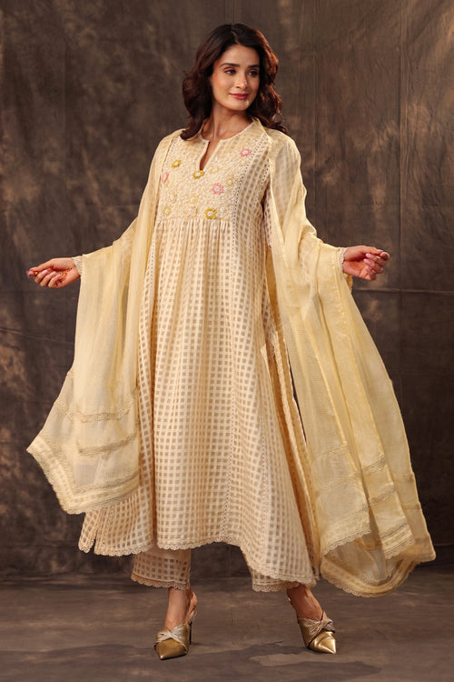 Vaayu Beige Panelled Kalidar Set