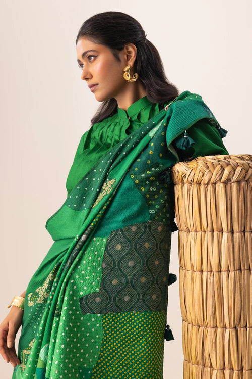 Green Bandhani Patchwork Saree