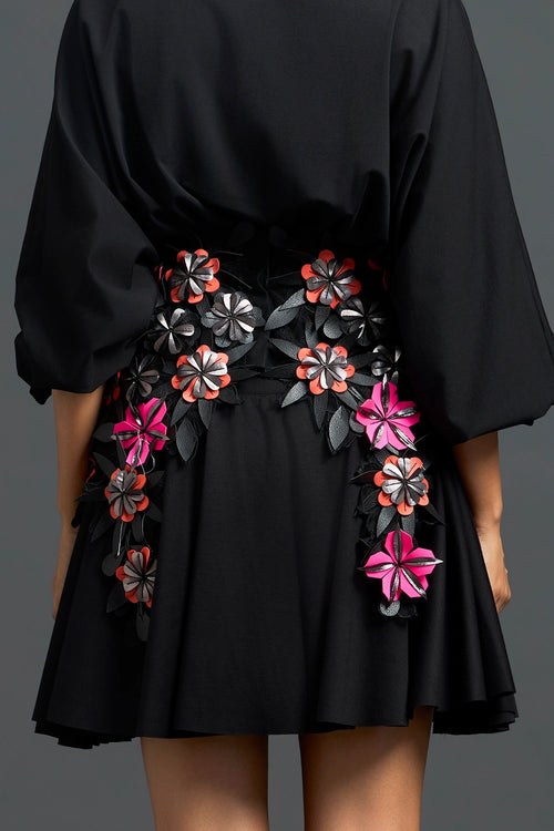 Black Voluminous Sleeve Dress with Floral Belt