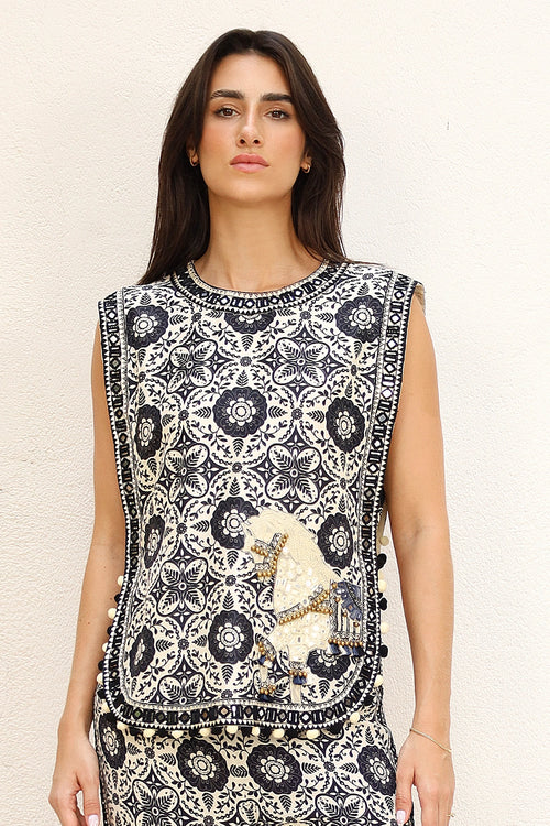 Black Printed Patra Work Co-ord Set