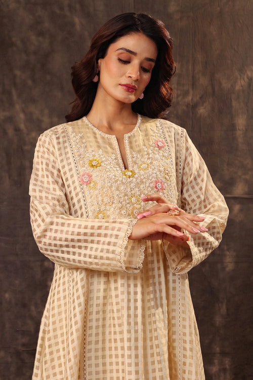 Vaayu Beige Panelled Kalidar Set
