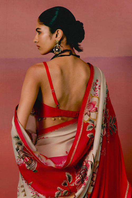 Ecru and Red Floral Saree