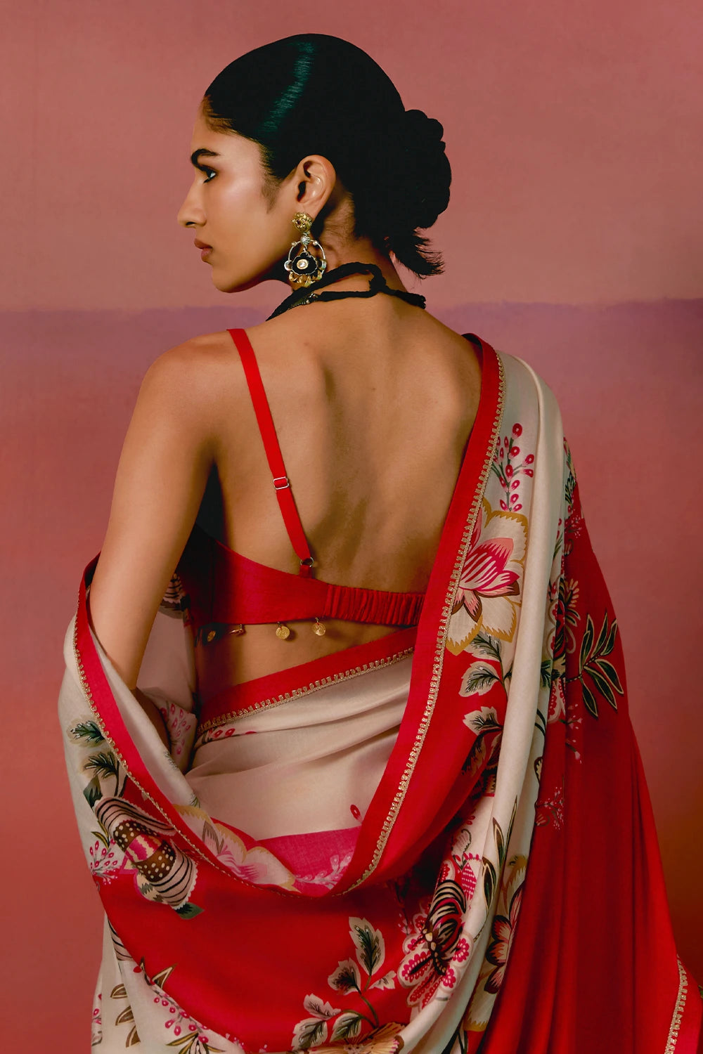 Ecru and Red Floral Saree