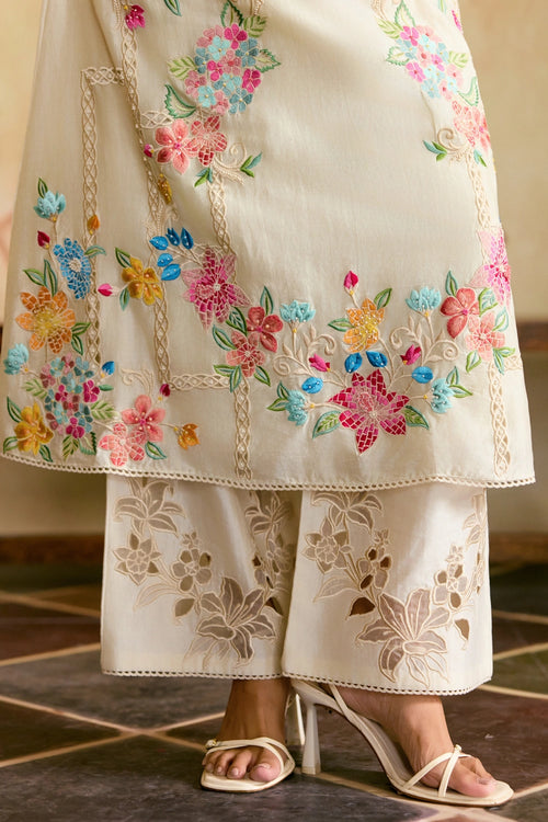 Ivory Mosaic Floral Kurta with Applique Pants