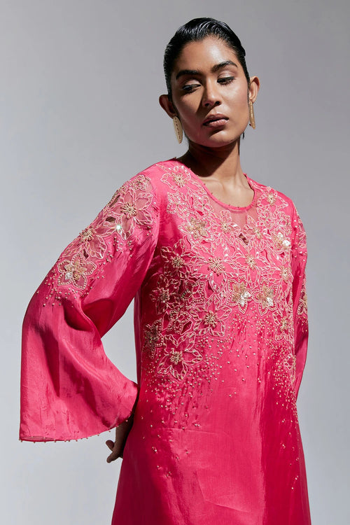 Raspberry Floral Threadwork Silk Co-ord Set