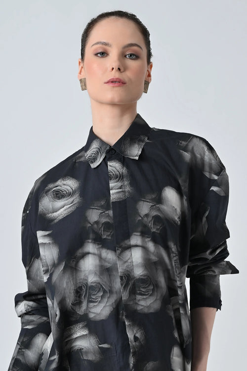 Black Blur Rose Printed Long Shirt