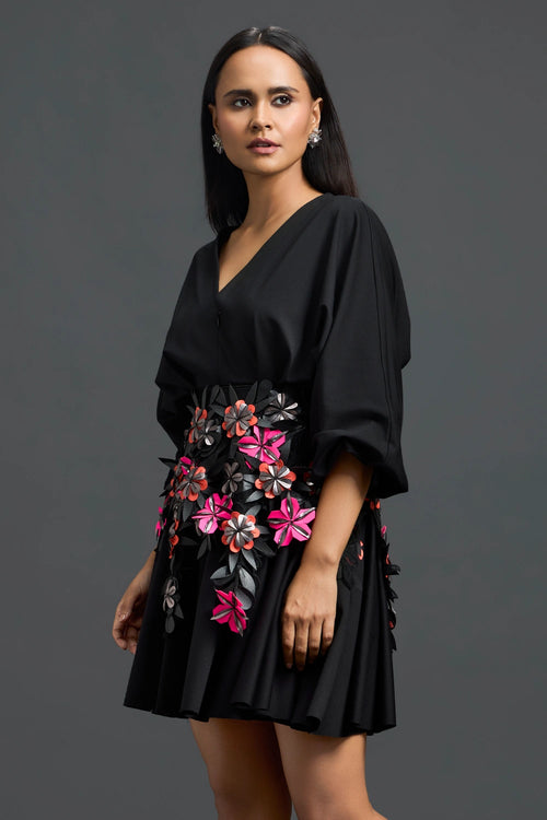 Black Voluminous Sleeve Dress with Floral Belt
