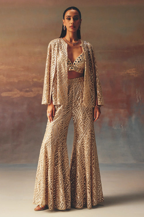 Golden Cape Sleeves Jacket with Bralette and Bootcut Pants