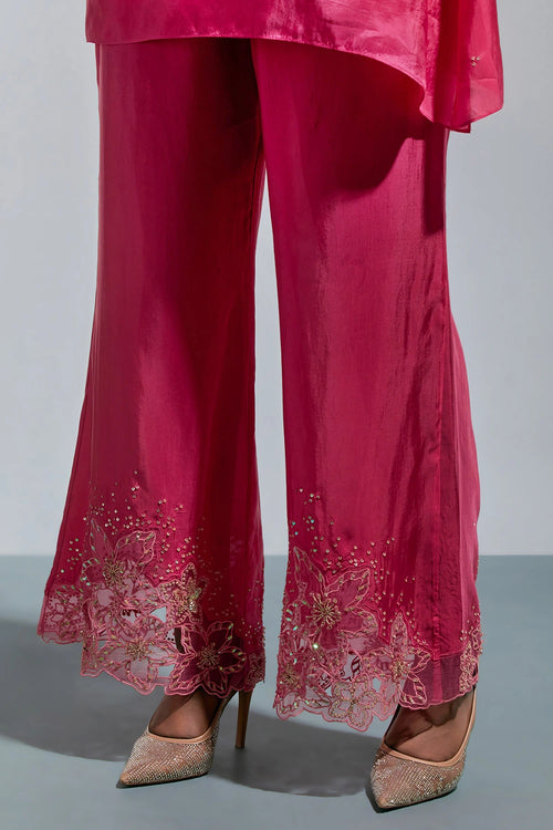 Raspberry Floral Threadwork Silk Co-ord Set