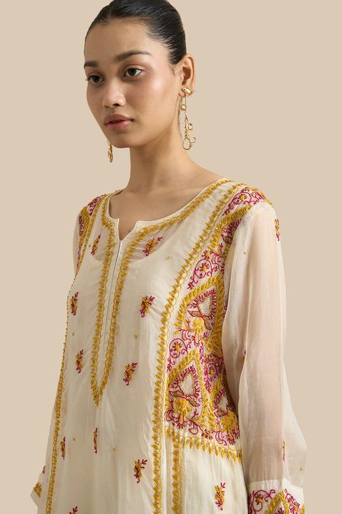 Organza Silk Kalidar Set Crafted With Pink And Yellow Chikankari Embroidery