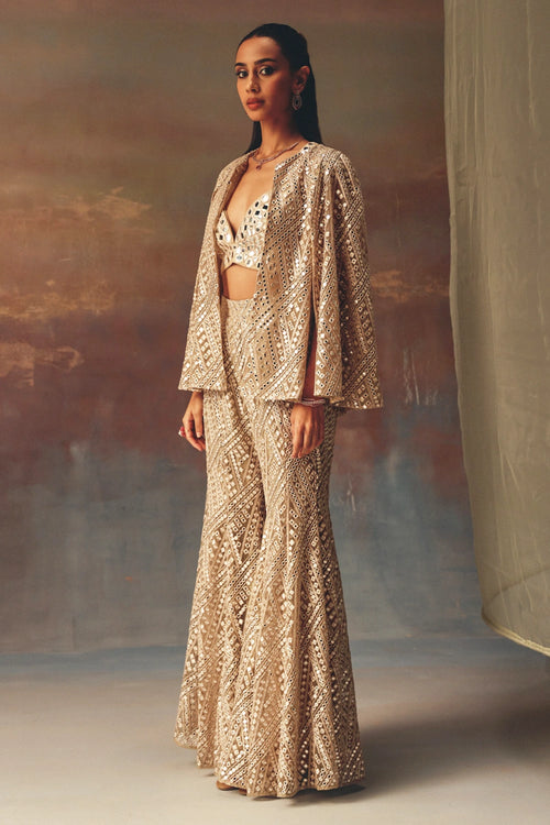 Golden Cape Sleeves Jacket with Bralette and Bootcut Pants