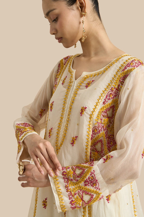 Organza Silk Kalidar Set Crafted With Pink And Yellow Chikankari Embroidery