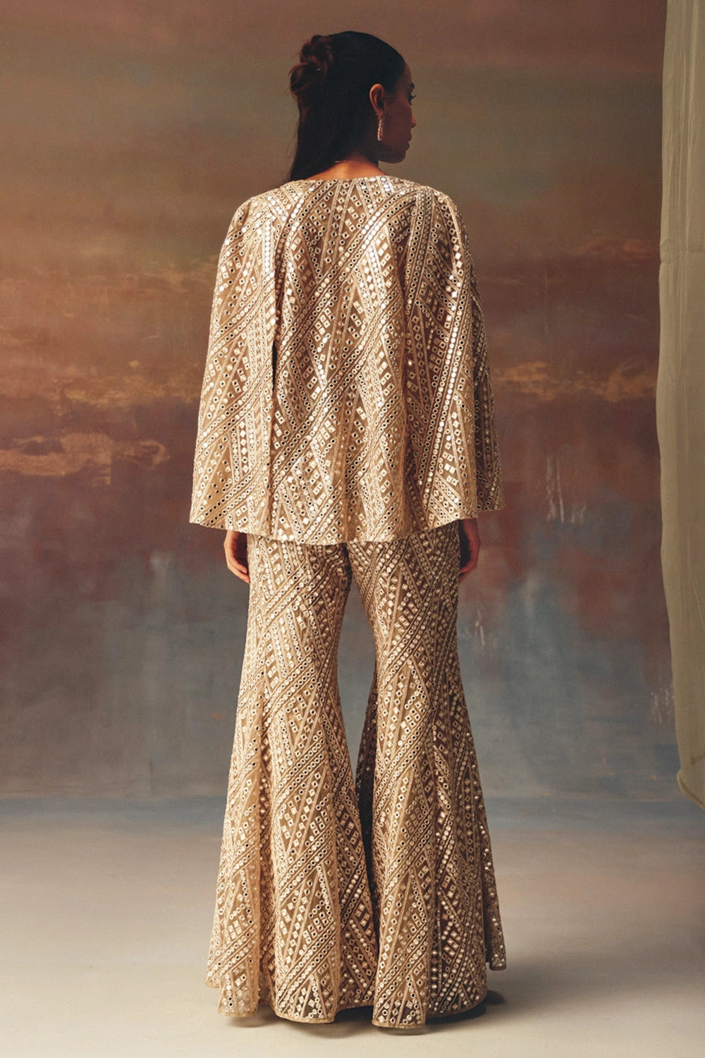 Golden Cape Sleeves Jacket with Bralette and Bootcut Pants