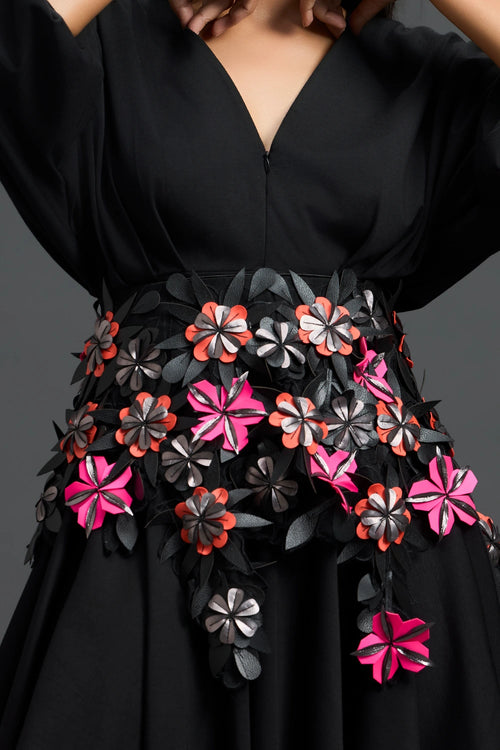 Black Voluminous Sleeve Dress with Floral Belt