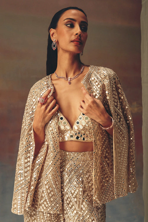 Golden Cape Sleeves Jacket with Bralette and Bootcut Pants