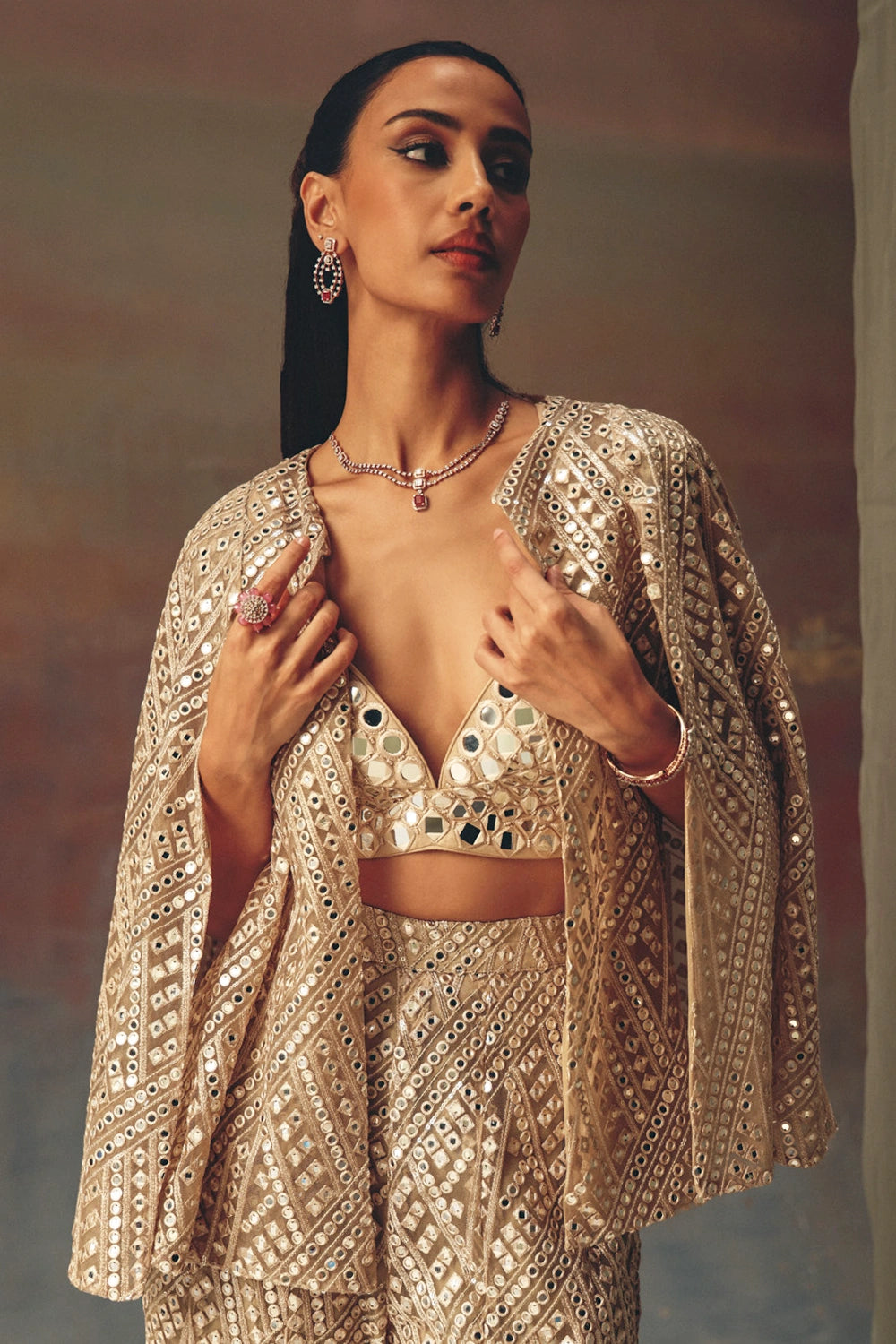 Golden Cape Sleeves Jacket with Bralette and Bootcut Pants