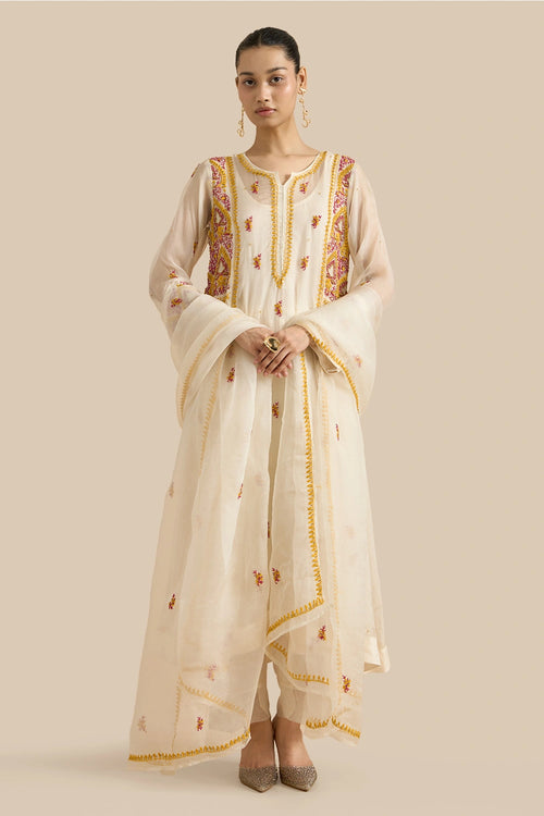 Organza Silk Kalidar Set Crafted With Pink And Yellow Chikankari Embroidery