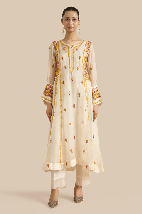 Organza Silk Kalidar Set Crafted With Pink And Yellow Chikankari Embroidery