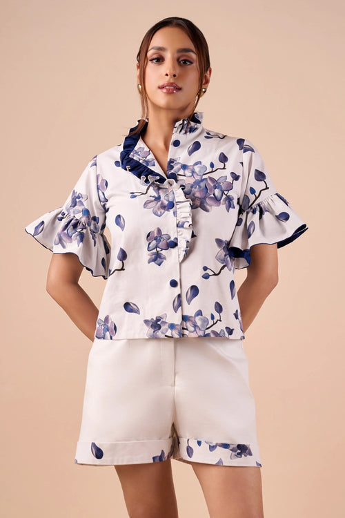 Blue-white Orchid Ruffle Shirt
