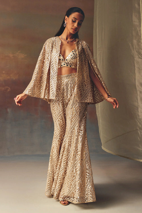 Golden Cape Sleeves Jacket with Bralette and Bootcut Pants