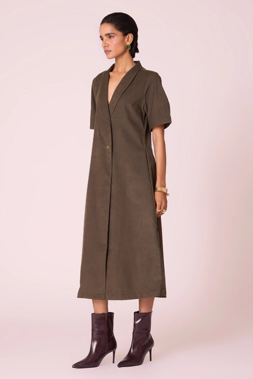 Kamen Olive Needlecord Wrap Dress