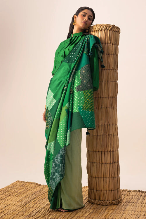 Green Bandhani Patchwork Saree